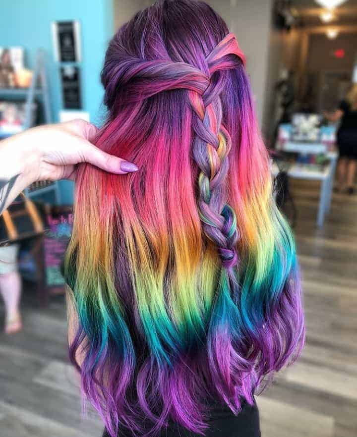 A girl with beautifully styled long rainbow hair