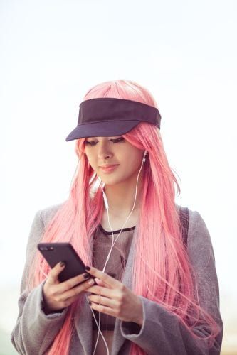Asian girl wearing a pink wig