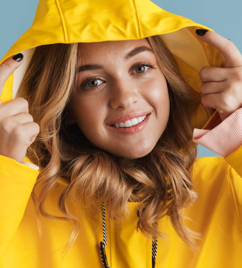 charming blonde woman  wearing yellow raincoat