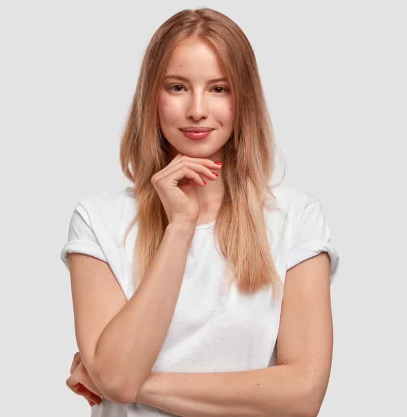 young blonde woman with fine hair in white t-shirt