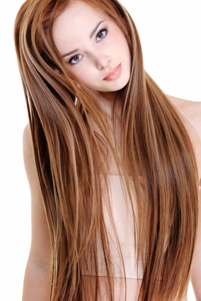 young woman with beauty long keratin-treated hair